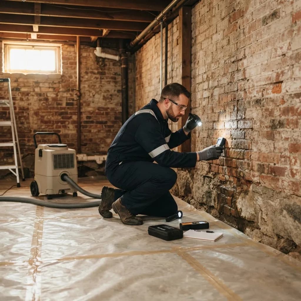 Technician inspecting a New Albany, Indiana basement for moisture and mold.